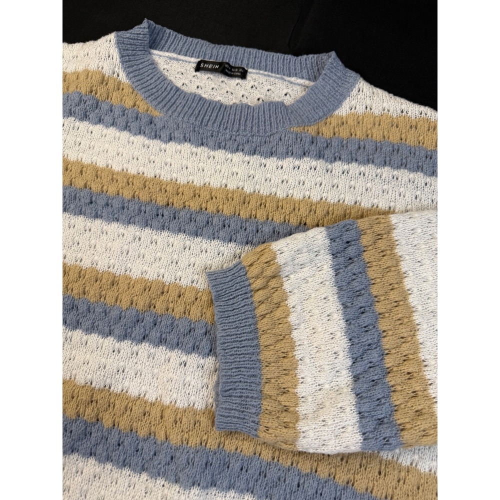 Striped Pointelle Knit Sweater Blue Tan Cream Crew Neck Long Sleeve XL